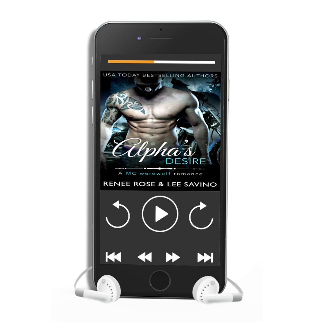 Phone playing the "Alpha's Desire" audiobook through white earbuds