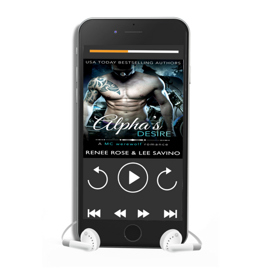 Phone playing the "Alpha's Desire" audiobook through white earbuds