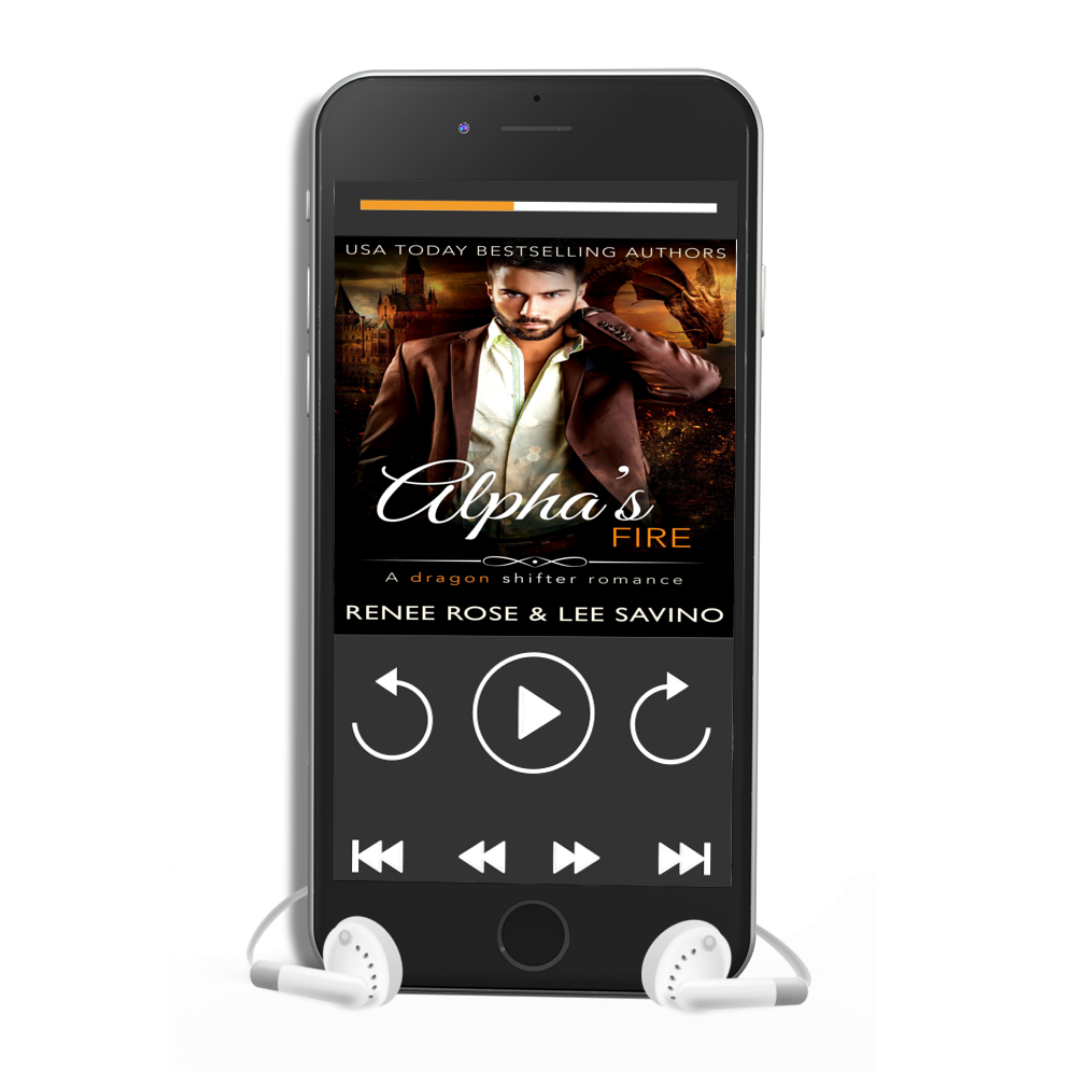 Phone playing the "Alpha's Fire" audiobook through white earbuds