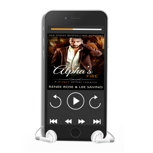 Phone playing the "Alpha's Fire" audiobook through white earbuds