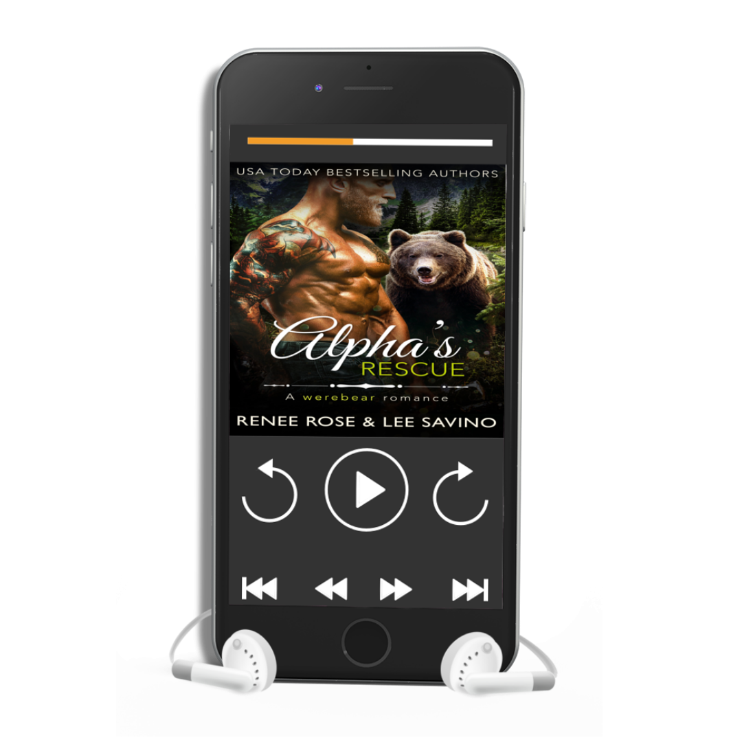 Phone playing the "Alpha's Rescue" audiobook through the white earbuds