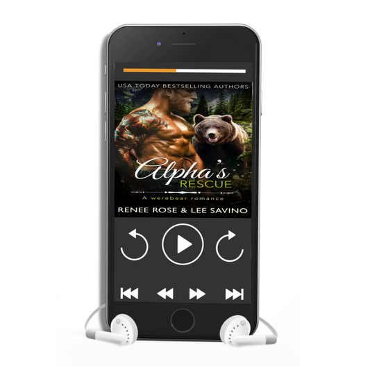 Phone playing the "Alpha's Rescue" audiobook through the white earbuds