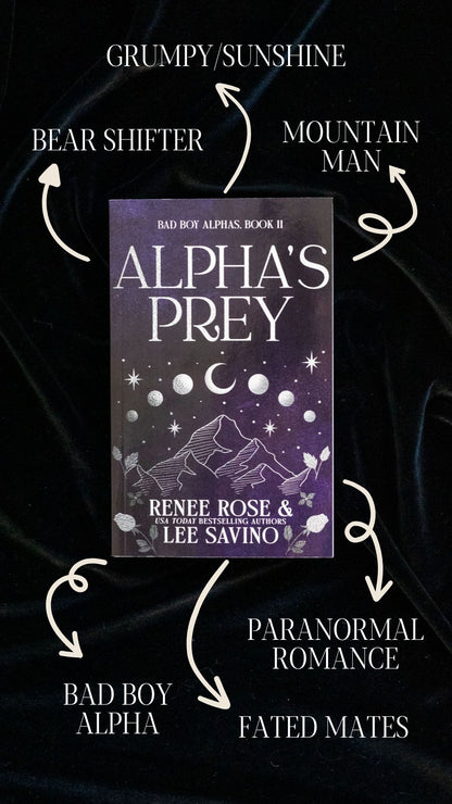 cover image of Alpha's Prey on black velvet with tropes